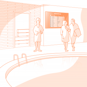 Zeichnung drei Personen in einer Saunalandschaft