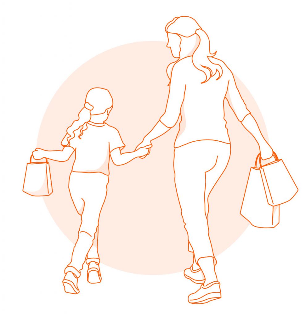 Kinderkino Zeichnung Mutter geht mit Tochter shoppen