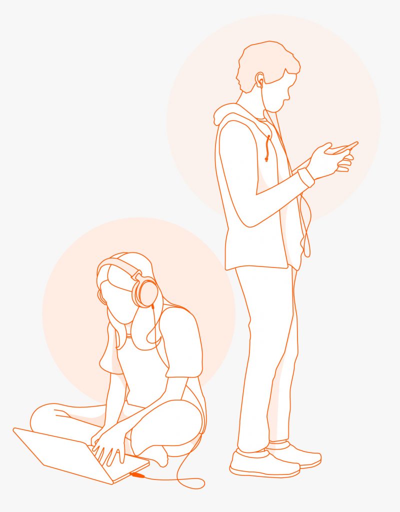 Illustration: Zwei junge Menschen beim Konsumieren von Audio