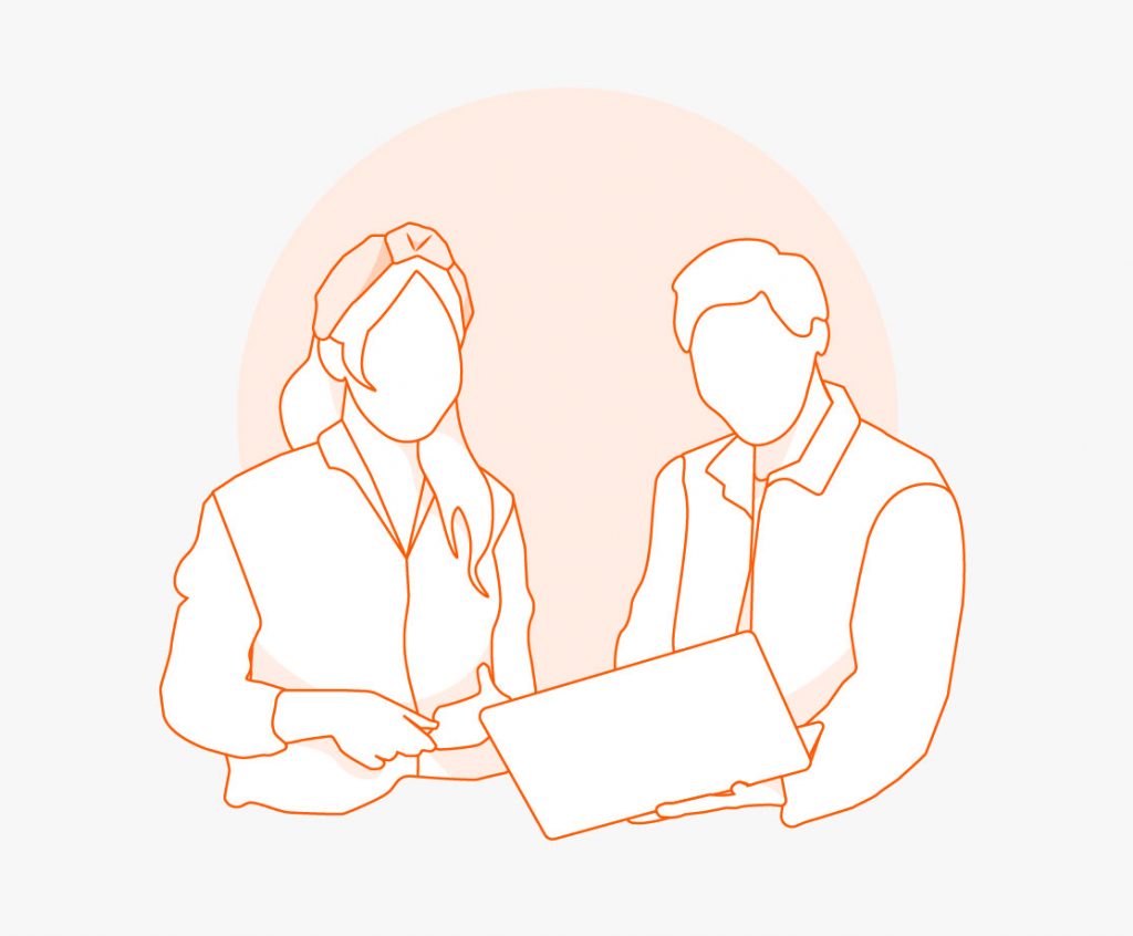 Illustration zwei Personen vor Laptop