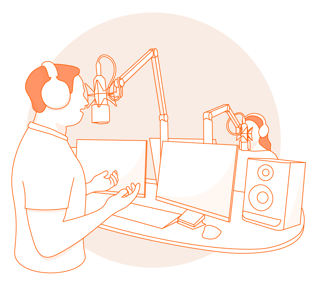 Zeichung von zwei Menschen in einem Tonstudio - Grafik Teamradio